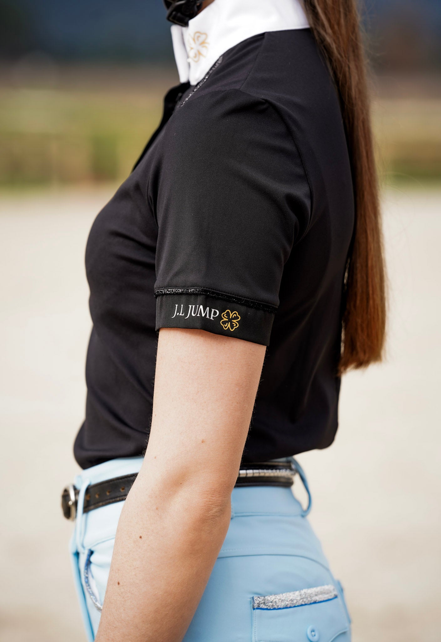 polo manche courte cso noir glisser strass cavalière